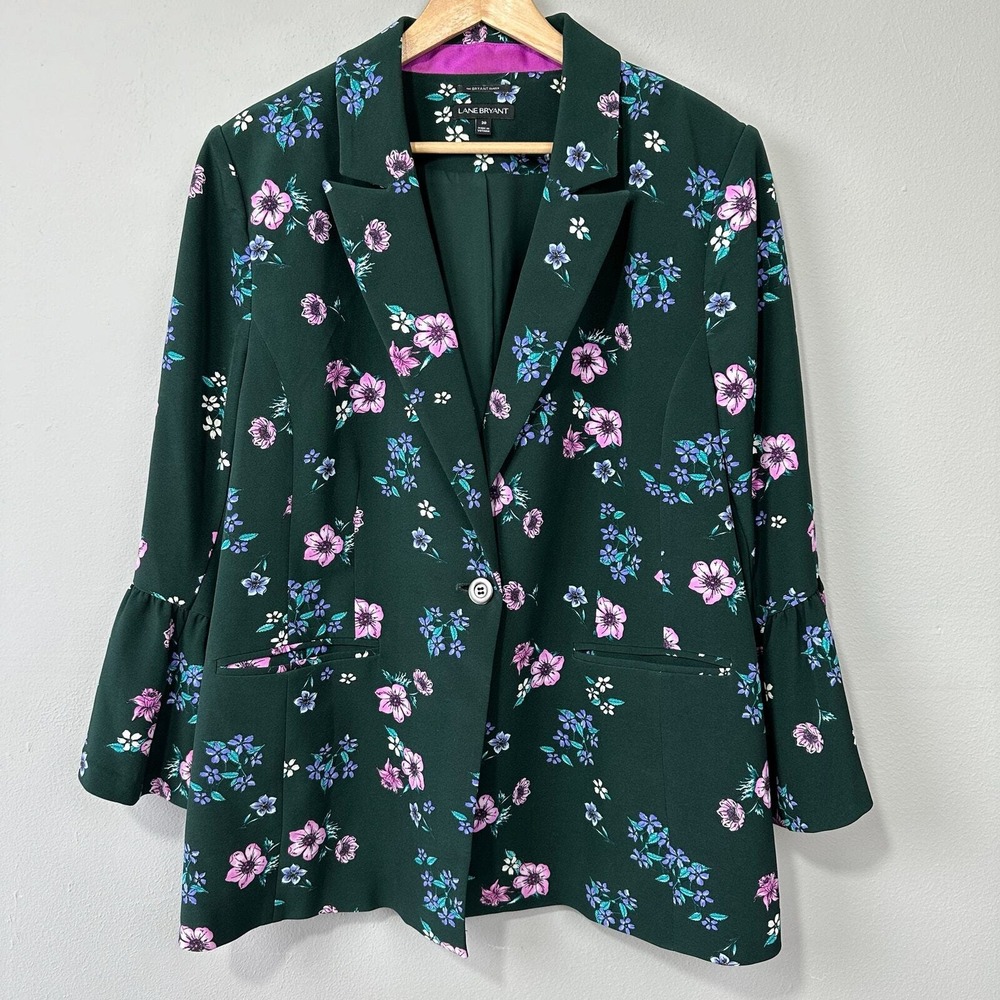 Lane Bryant Blazer Womens Size 20 Green Floral Bell Sleeve The Bryant Blazer